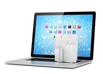 laptop and  shopping pags on white background. 3d rendering.