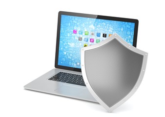 Laptop and shield on white, computer security concept. 3d rendering.