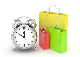 alarm clock and shopping bag (time to buy concept). 3d rendering.