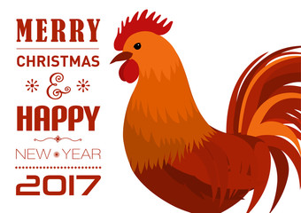 Fototapeta na wymiar Merry Christmas e-card with rooster and designed text. Vector illustration.