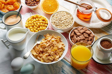 Breakfast healthy cereal coffee and orange juice