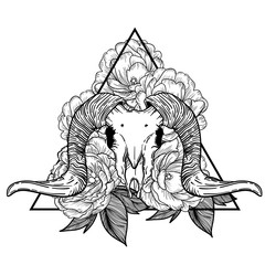 Ram skull vector illustration. occult symbol. sheep devilish magical symbol and Flowers peonies and roses in the triangle