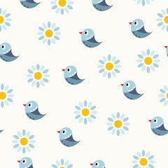 Seamless vector background with blue birds and flowers. Can be used for textiles, card backgrounds, invitations, posters and other prints.