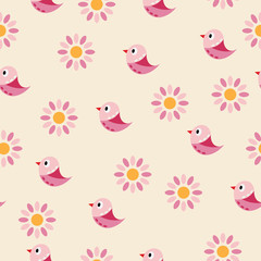 Seamless vector background with pink birds and flowers. Can be used for textiles, card backgrounds, invitations, posters and other prints.