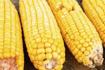 Dried corn on wooden background. Macro shot.
