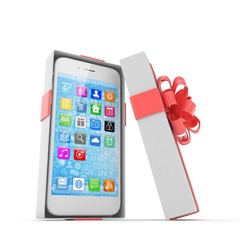 Smartphone in gift box. Isolated on white background. 3d rendering.