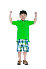 Full body of happy asian child smiling and looking at camera. Isolated on white 