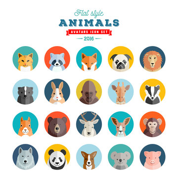 Flat Style Animals Avatar Vector Set. Twenty Icons.