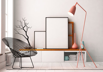mockup interior with a poster and a floor lamp. trend color. 3d