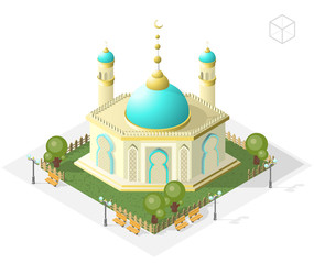 Isometric High Quality City Element with 45 Degrees Shadows on White Background. Mosque.