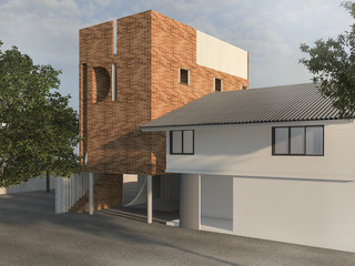 3d rendering brick renovation box building with green surrounding