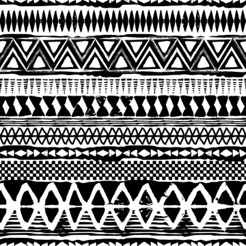 Abstract tribal black and white vector seamless ornament. Cloth boho texture
