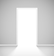 White realistic open door with light in empty room interior