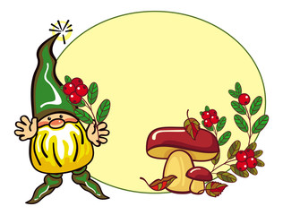 Round frame with gnome in long cap, mushrooms and forest berries. Funny label for decorations, greetings cards, children's books and other design artworks. Vector clip art.