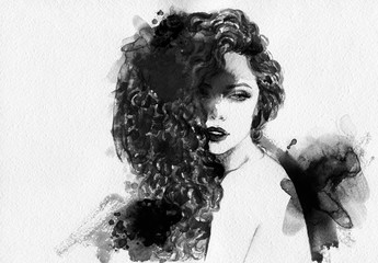 Style woman portrait. Abstract fashion watercolor illustration