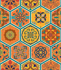 Vector naadloze textuur. Mooi patchworkpatroon voor design en mode met decoratieve elementen in zeshoek