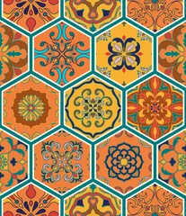 Papier peint Tuiles marocaines Texture transparente de vecteur. Beau motif patchwork pour le design et la mode avec des éléments décoratifs en hexagone