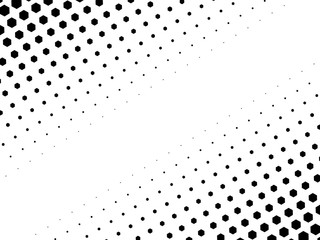 Abstract vector halftone texture of black dots in linear arrangement on white background. Two side diagonal gradient.