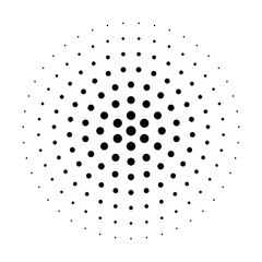 Black abstract halftone circle made of dots in radial arrangement on white background. Vector illustration.