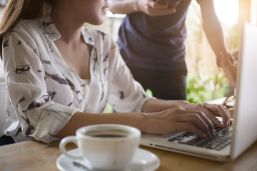 Team job. Photo young businessmans crew working with laptop star