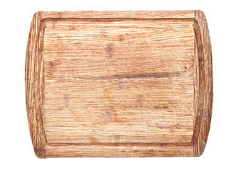 Used grunge wooden chopping board isolated on white background