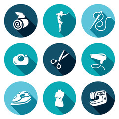Vector Set of Sewing Studio Icons. Matter, Model, Needle and Thread, Camera, Scissors, Hair Dryer, Iron, Mannequin, Equipment.
