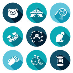 Vector Set of Cat Circus Icons. Kitty, Tent, Whip, Collar, Stunt, Applause, Bicycle, Poster.