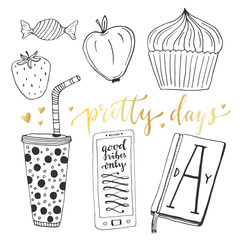 Hand drawn doodle vector set for teen girls. Isolated vector collection of breakfast food and things