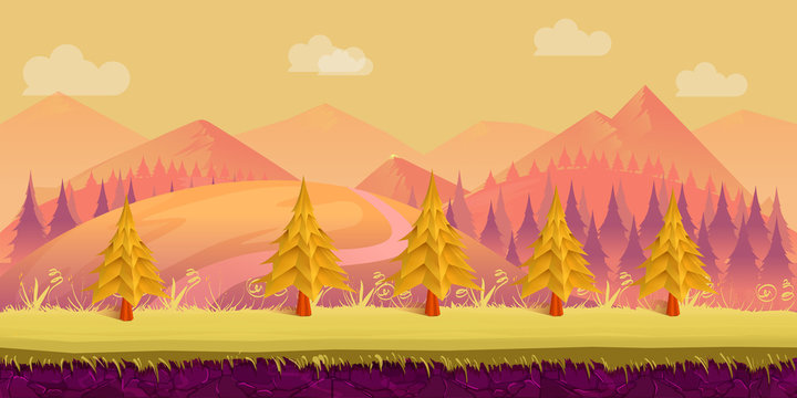 Seamless cartoon nature landscape. Layered ground, grass, trees, mountains, clouds and sky