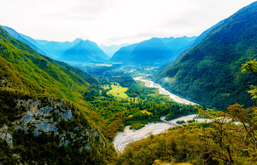 Rivers in the valley and hills in the background. Soca River in Slovenia.