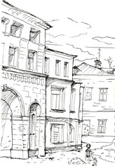 urban sketch, town houses, ink