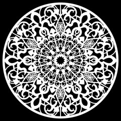 Lace round paper doily, lacy snowflake, greeting element,  template for cutting  plotter, round pattern, laser cut  template, doily to decorate the cake,  vector illustrations.