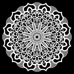 Lace round paper doily, lacy snowflake, greeting element,  template for cutting  plotter, round pattern, laser cut  template, doily to decorate the cake,  vector illustrations.