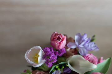 bouquet of pink flowers on a light background Rustic green