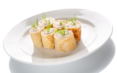 Pancakes with meat - a hearty lunch and dinne isolated on white