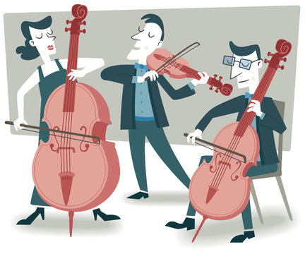 Concert. Retro style illustration of various classical musicians playing their instruments.