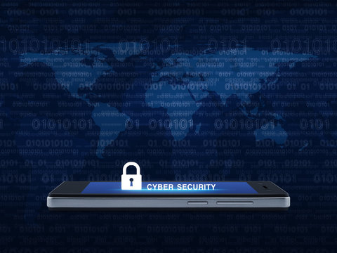 Key icon and cyber security text on modern smart phone screen ov