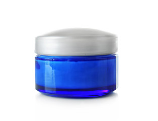 Empty cosmetic jar on white background