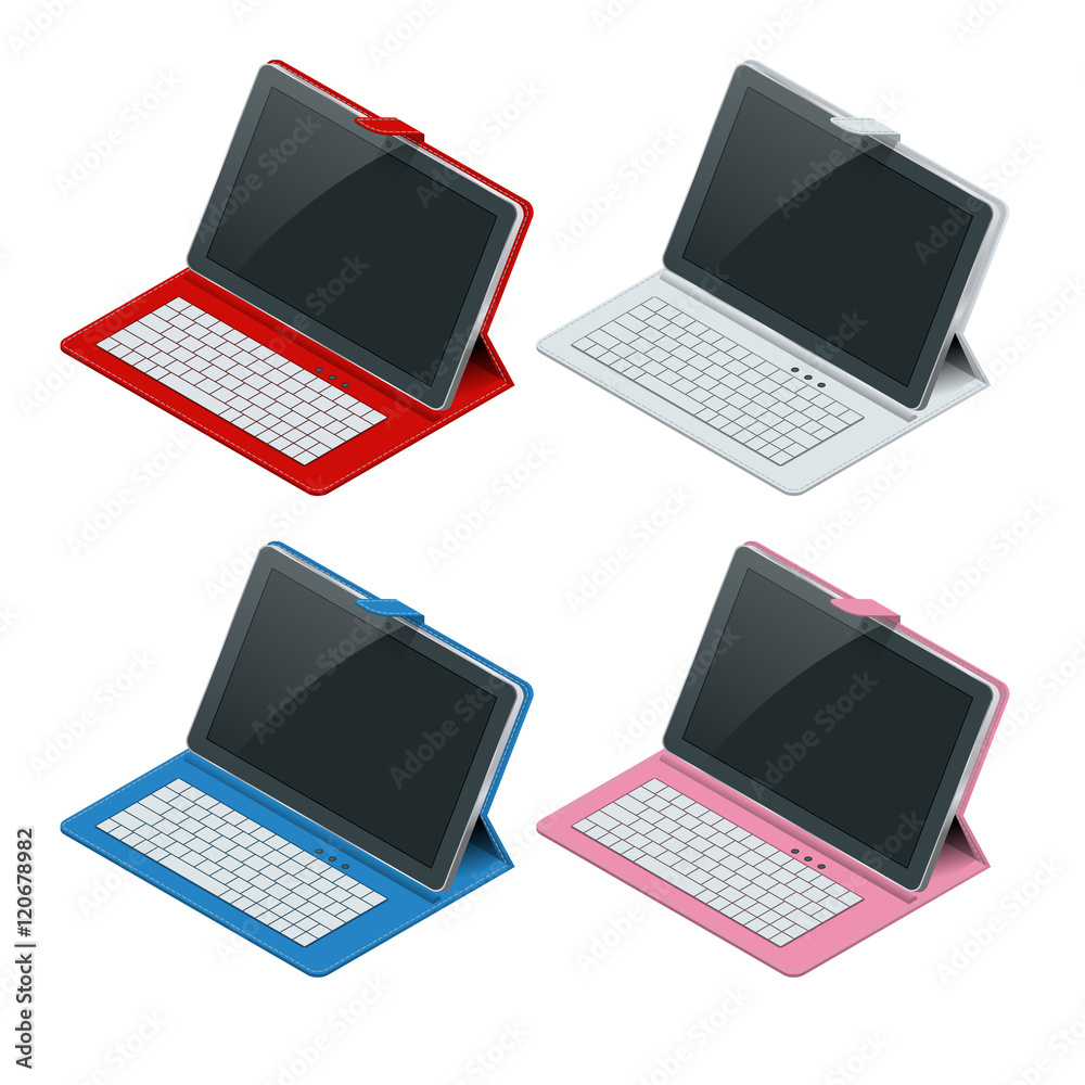 Wall mural Isometric Tablet computer with white blank screen and keyboard isolated on white background.