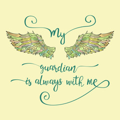 Lettering hand drawn quote with angel wings.