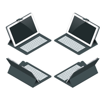Isometric Tablet computer with white blank screen and keyboard isolated on white background.