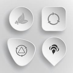 4 images: leaf with berries, recycle symbol, bee. Nature set. Wh