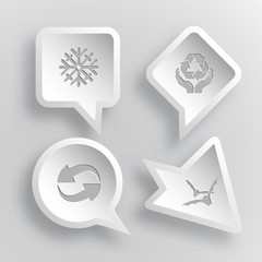 4 images: snowflake, protection nature, recycle symbol, bats. Na