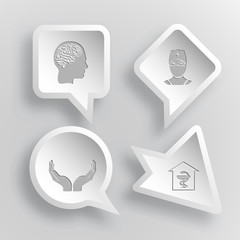 4 images: human brain, doctor, human hands, pharmacy. Medical se