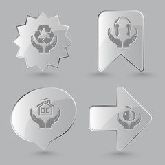 4 images: protection nature, headphones in hands, home in hands,