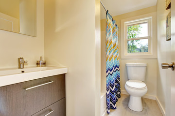 Fototapeta na wymiar Bathroom interior with vanity cabinet and colorful shower curtain.