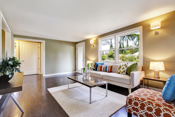Modern furnished living room interior with hardwood floor