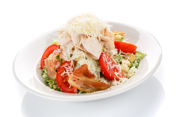 appetizing restaurant food salad greens, on white background