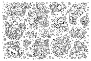 Sketchy vector hand drawn Doodle set of New Year objects