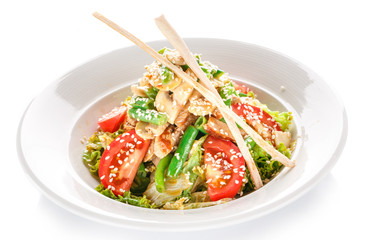 appetizing restaurant light salad with mushrooms food on white background